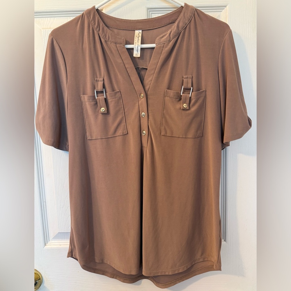 PerSeption Concept Taupe/Brown Short Sleeve Button-Front Tunic